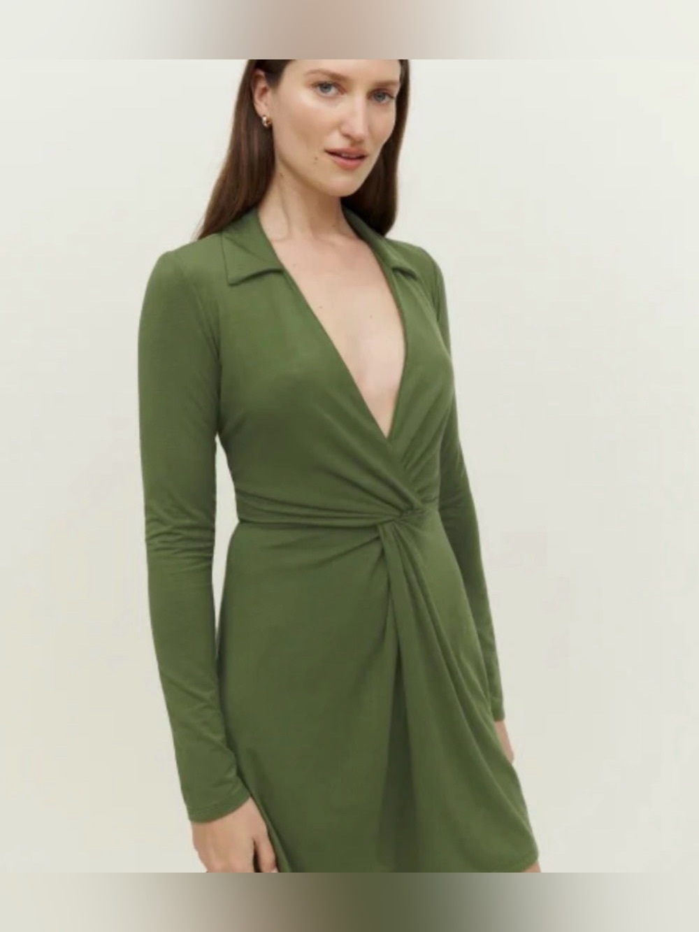 Reformation Olive Green Knot-Front Long Sleeve Dress